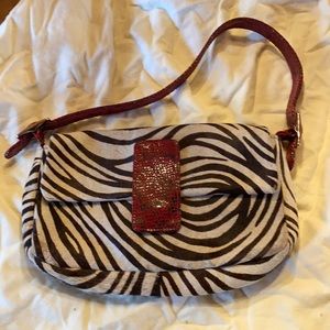 Clever Carriage zebra print fur bag w/ red snake embossed leather strap & accent